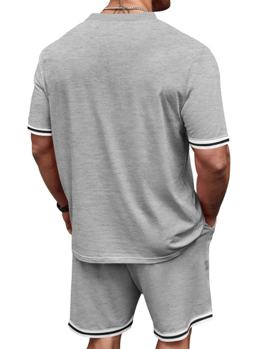 Grey t-shirt and shorts set with striped cuffs and hem