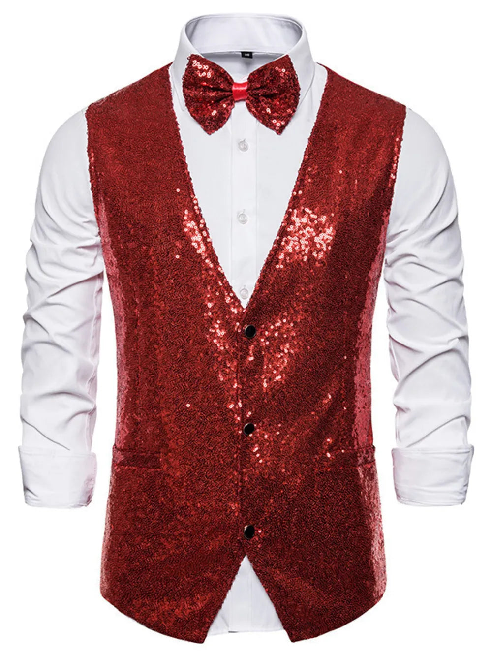 Dazzling sequin wine red men's slim-fit vest with button front and matching bow tie.
