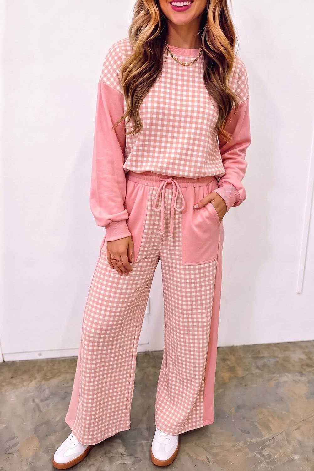 light pink lounge set with gingham and crew neck
