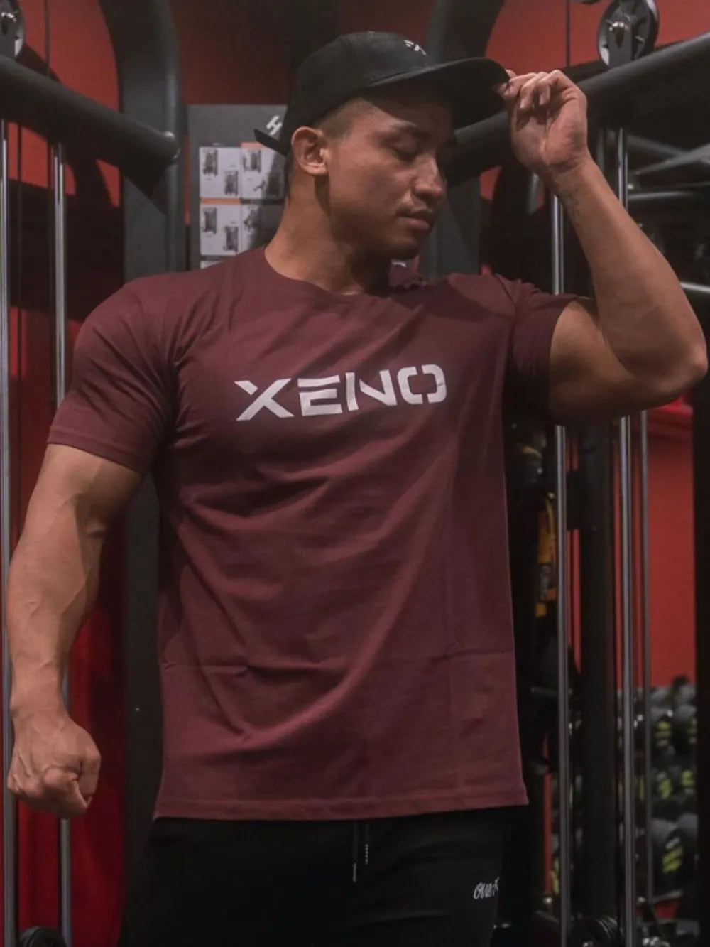 Burgundy athletic fit t-shirt with white XENO logo