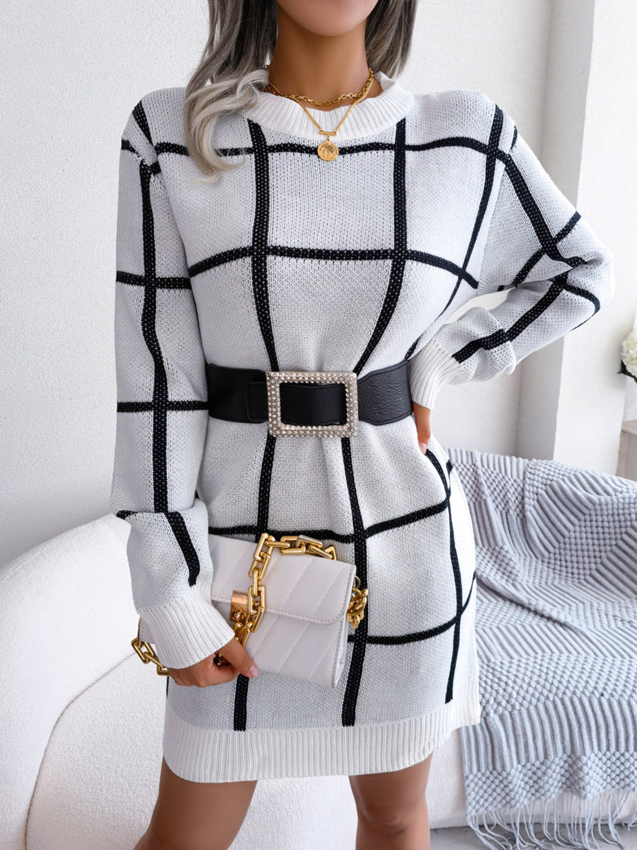 sweater dress featuring plaid in White with 100% polyester Care instructions: Machine wash cold texture