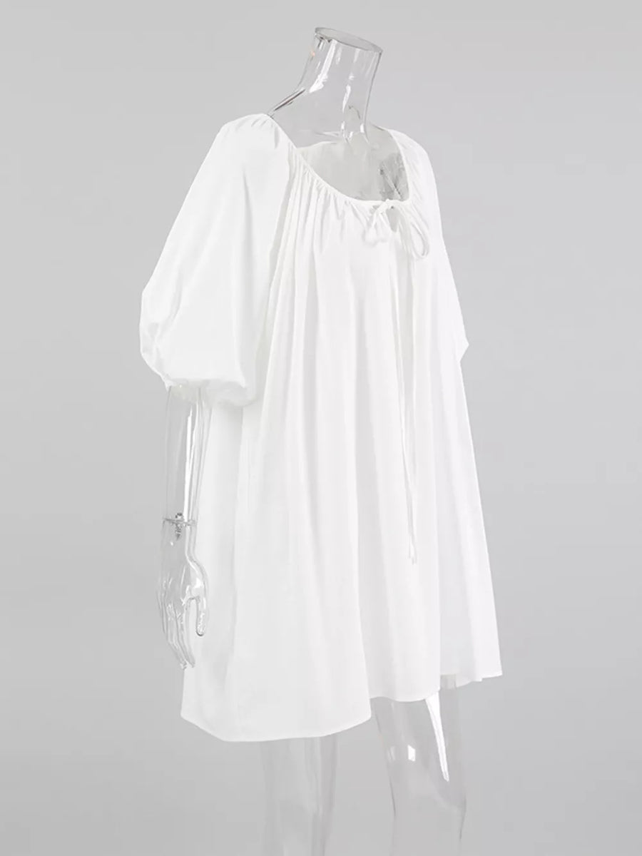 bohemian mini dress in White with tie neck