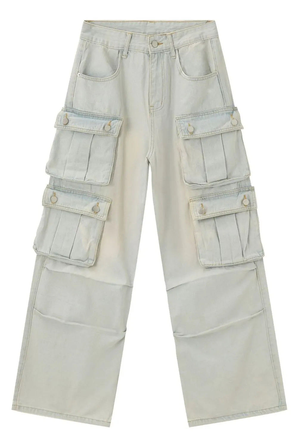 Light pleated pocket wide-leg denim cargo pants with multiple flap pockets.