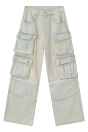 Light pleated pocket wide-leg denim cargo pants with multiple flap pockets.