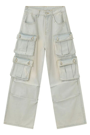 Light pleated pocket wide-leg denim cargo pants with multiple flap pockets.