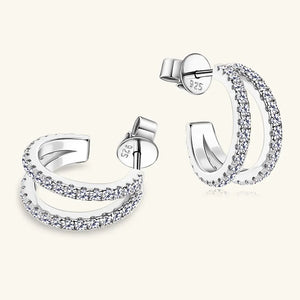 Silver double band hoop earrings with moissanite stones