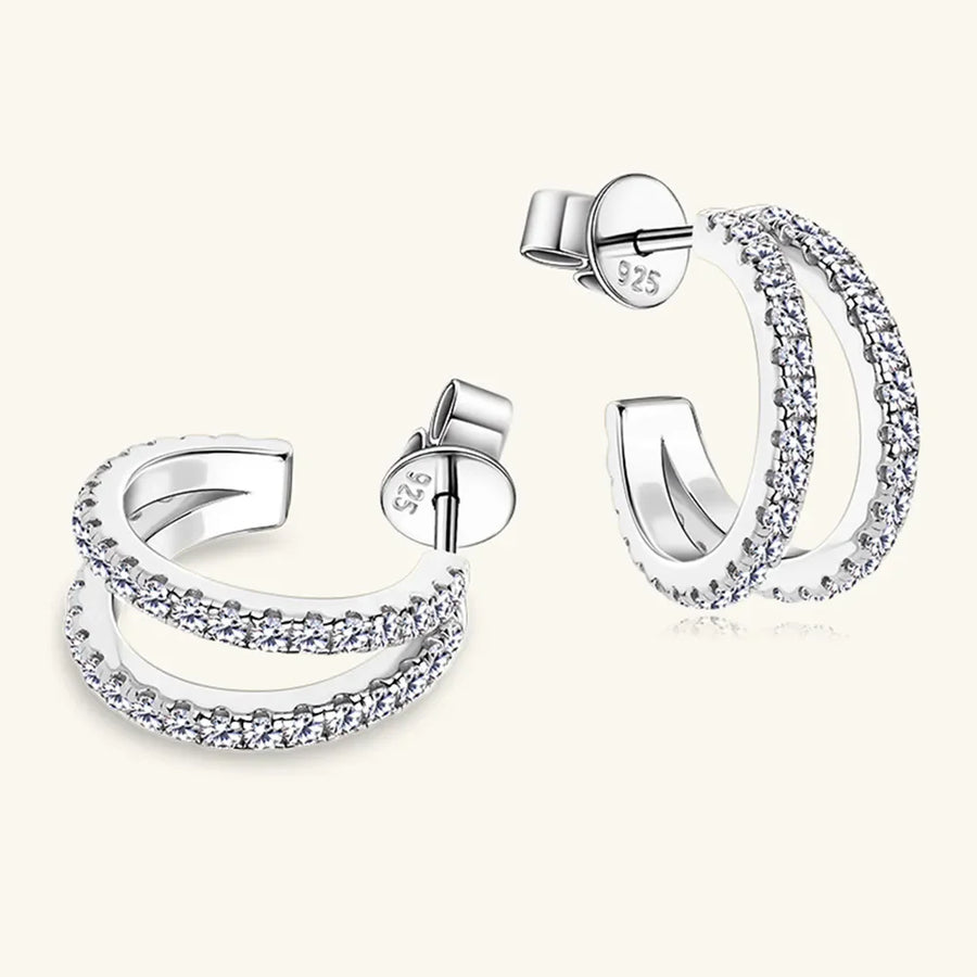 Silver double band hoop earrings with moissanite stones