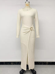 classic midi dress in Apricot with square neck