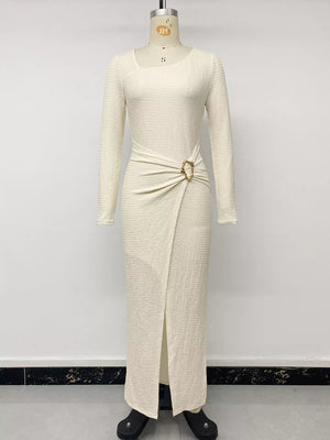 classic midi dress in Apricot with square neck
