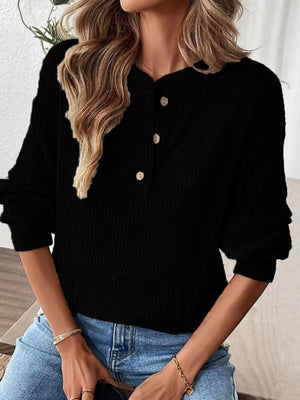 Black ribbed long-sleeve top with button detail at the neckline.