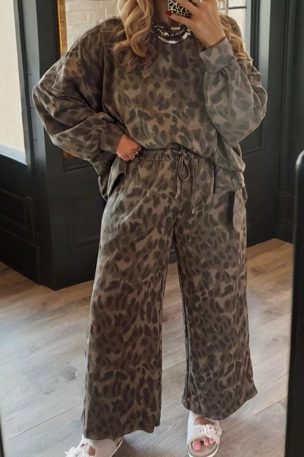 dark brown pajama set with elastic waist and long sleeve