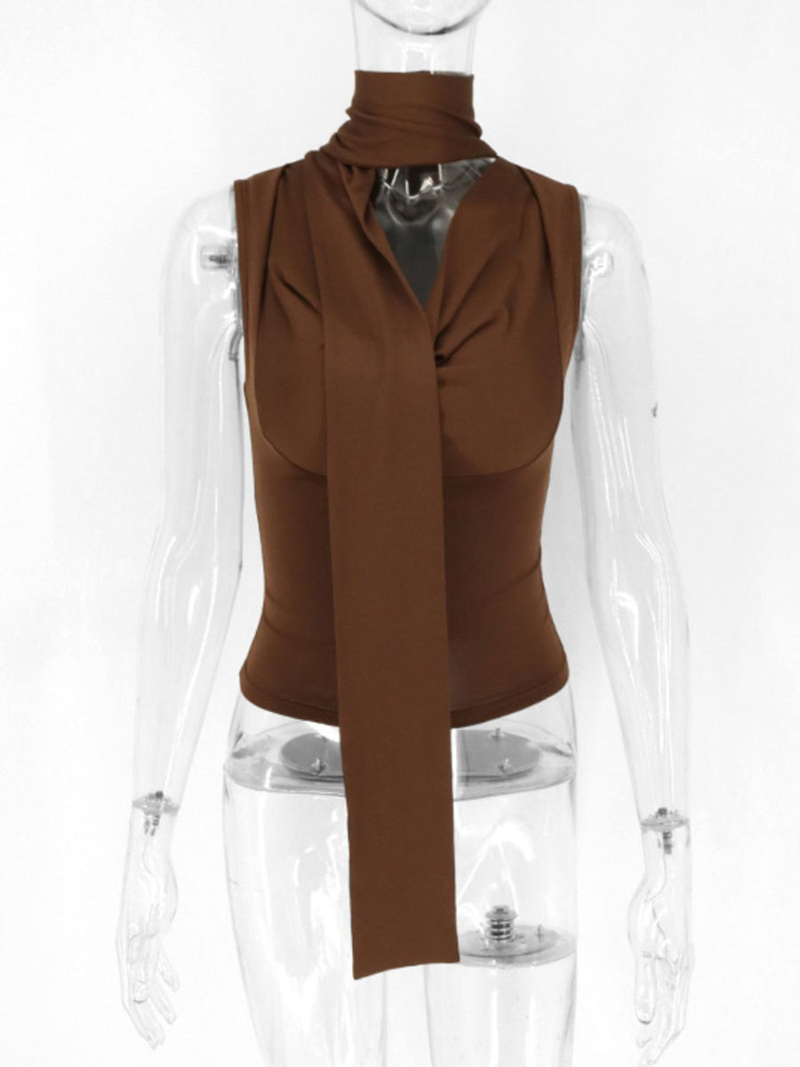 Brown cowl neck cami top with draped tie detail