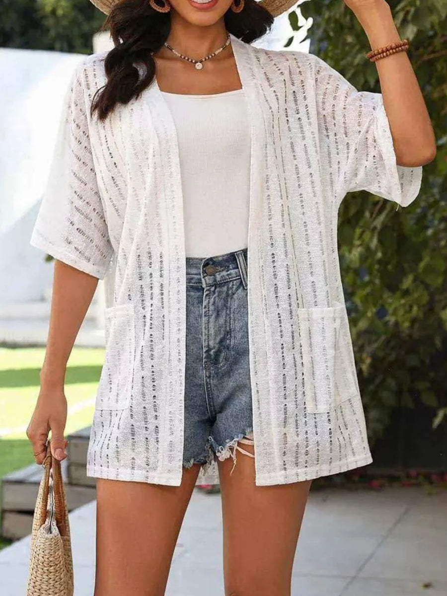 Khaki Openwork Open Front Cardigan