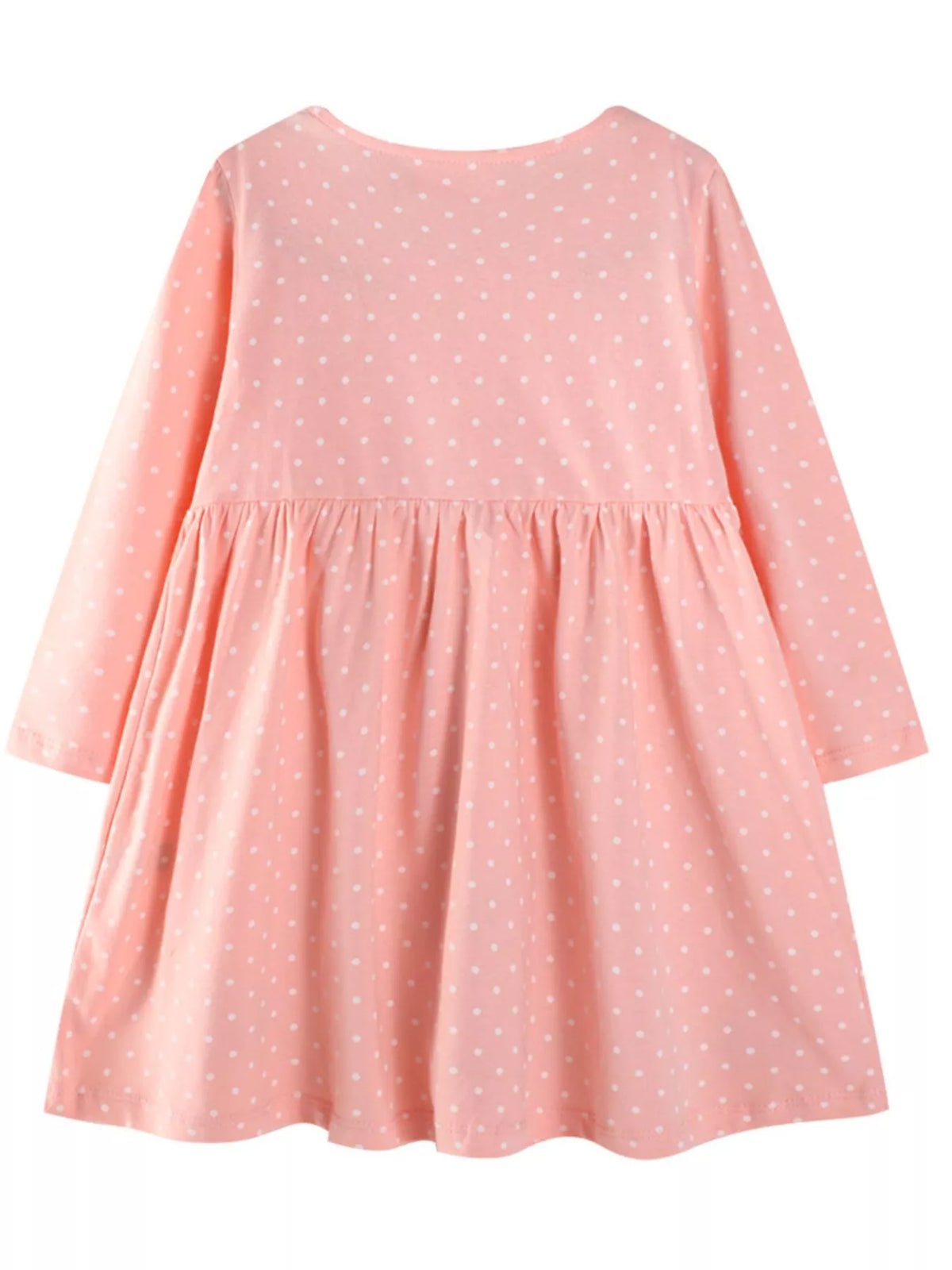 Watermelon pink polka dot cotton dress with embroidered animal detail and gathered skirt.