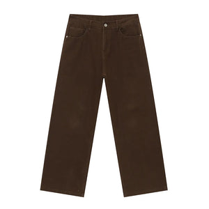 Chocolate elastic waist straight-leg denim jeans with a relaxed fit.