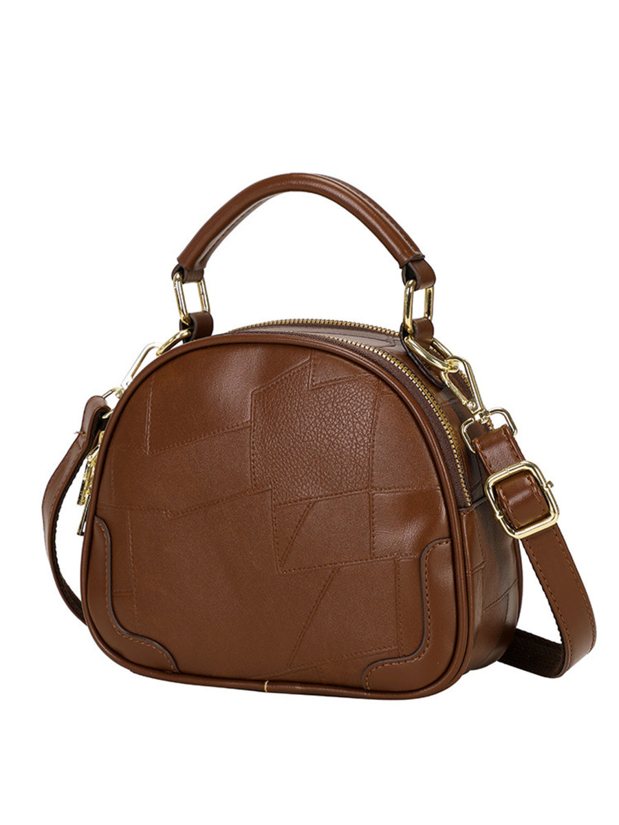brown crossbody bag with zip and patchwork