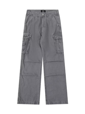 Grey cargo pants with full-length and button, zip-front