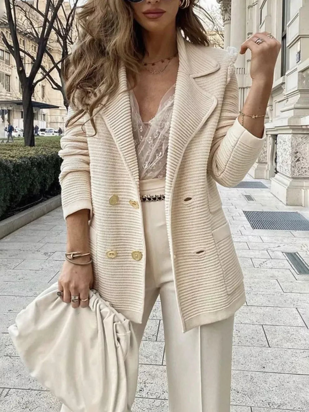 ivory blazer with ribbed and notch lapel
