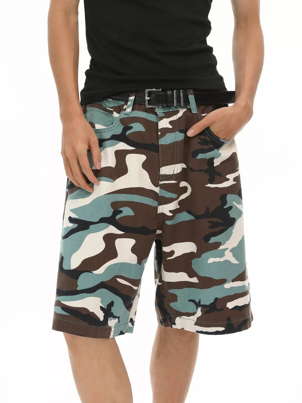 Men's camo denim shorts with a relaxed fit and classic five-pocket styling.