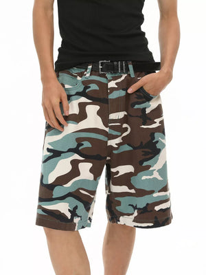 Men's camo denim shorts with a relaxed fit and classic five-pocket styling.