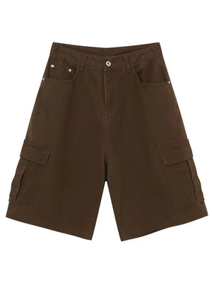 Coffee brown baggy cargo bermuda shorts with buttoned front and side pockets.