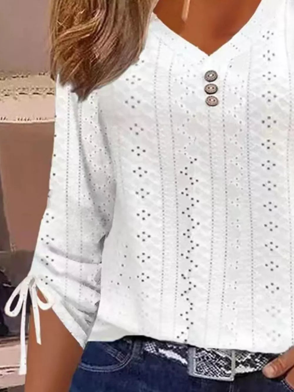 Green Full Size V-neck Eyelet Drawstring Sleeve Top