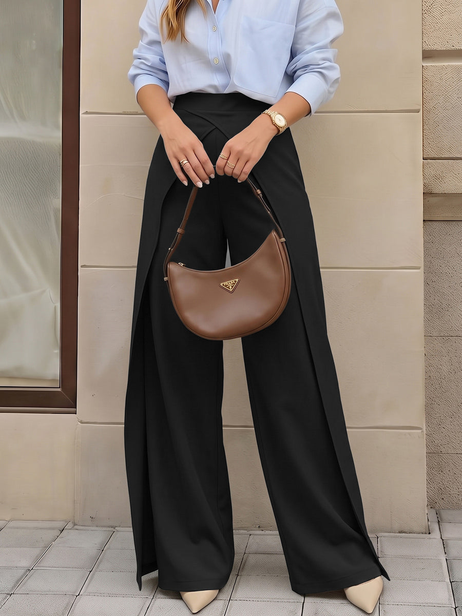 Wide-Leg Pants With Overlap Front Detail in Black with high-waisted