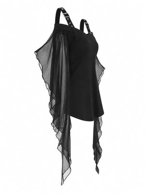 black peplum top with sheer and bell sleeve