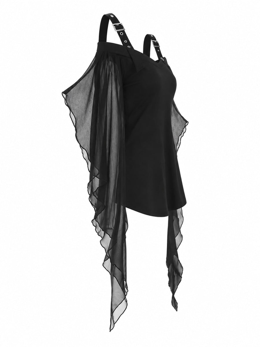 black peplum top with sheer and bell sleeve