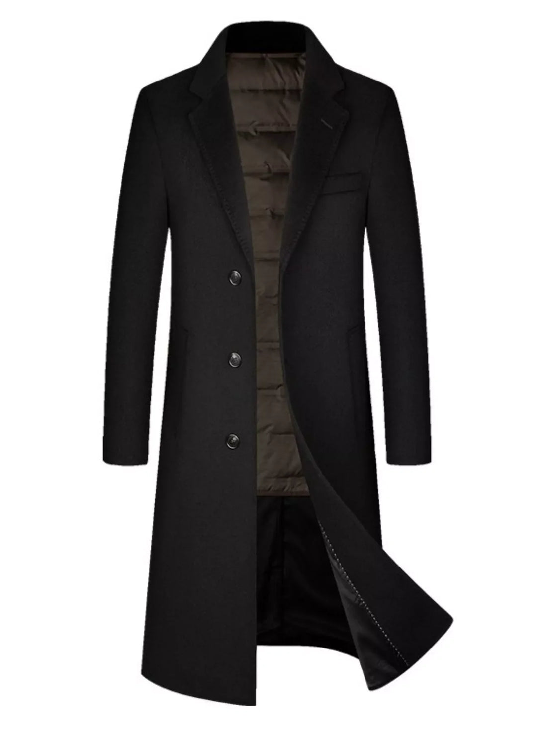 Men's black classic button up overcoat with notched lapels and a quilted lining.