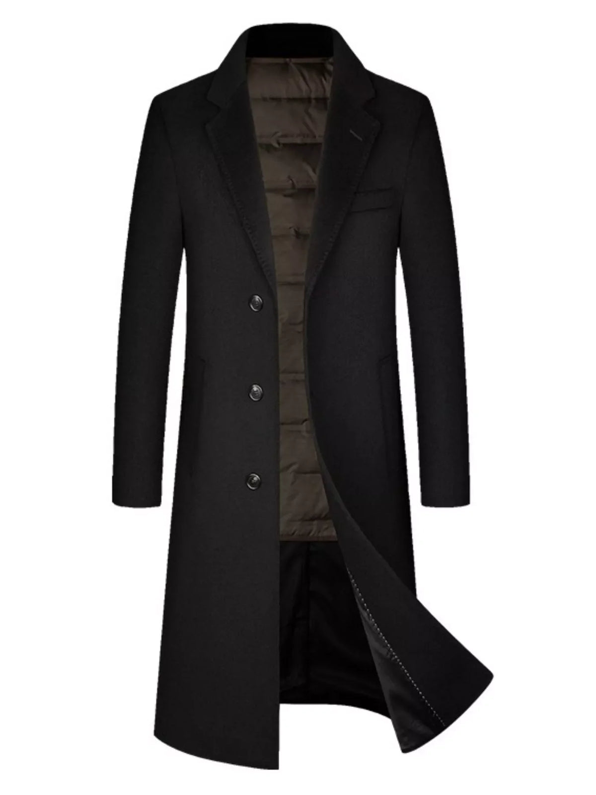 Men's black classic button up overcoat with notched lapels and a quilted lining.