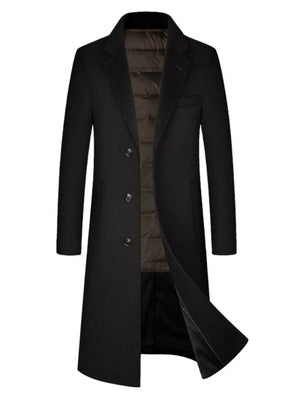 Men's black classic button up overcoat with notched lapels and a quilted lining.