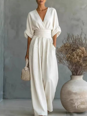 Full Size Half Sleeve Wide Leg Jumpsuit in White