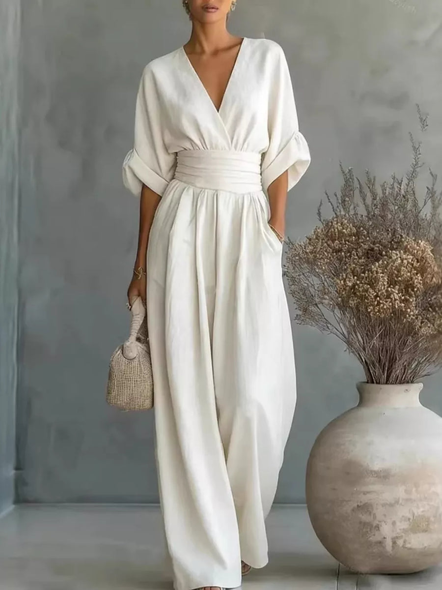 Full Size Half Sleeve Wide Leg Jumpsuit in White