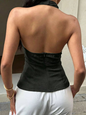 Black halter tank top with back zipper and cinched waist