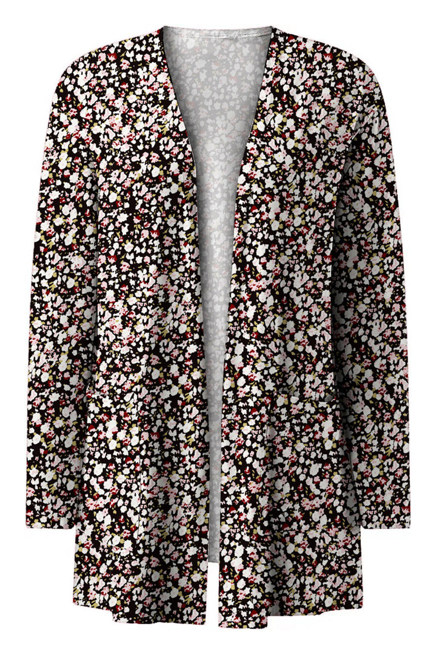 Open-front duster cardigan with a black floral print and pockets