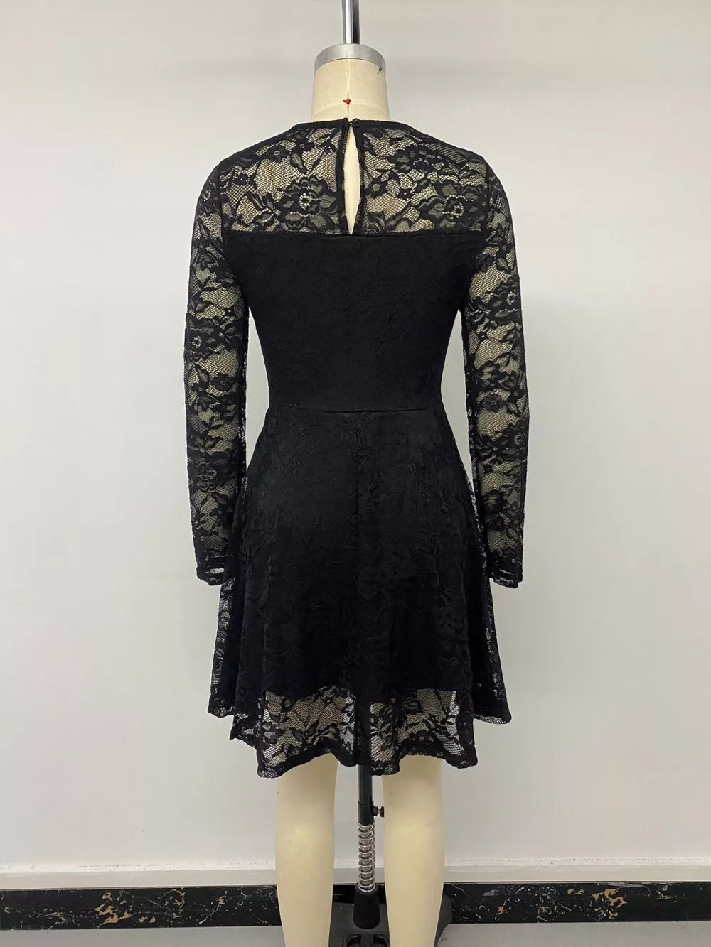 Elegant Lace Long Sleeve Mini Dress in Black with lace
