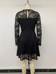 Elegant Lace Long Sleeve Mini Dress in Black with lace