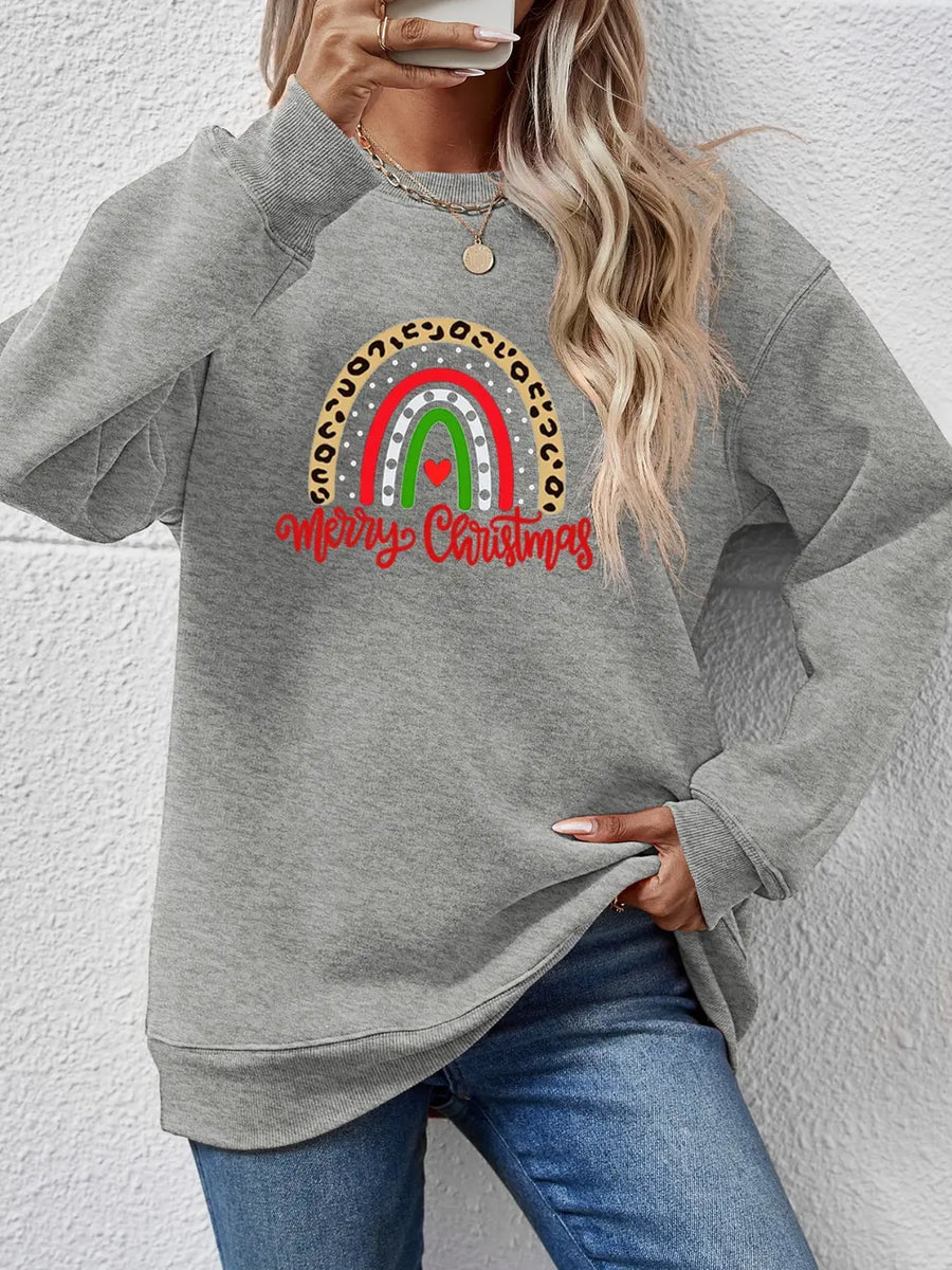 Gray crewneck sweatshirt with Merry Christmas rainbow graphic and leopard print accents.