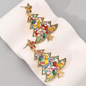 Festive rhinestone tree dangle earrings with colorful gems and a star top.