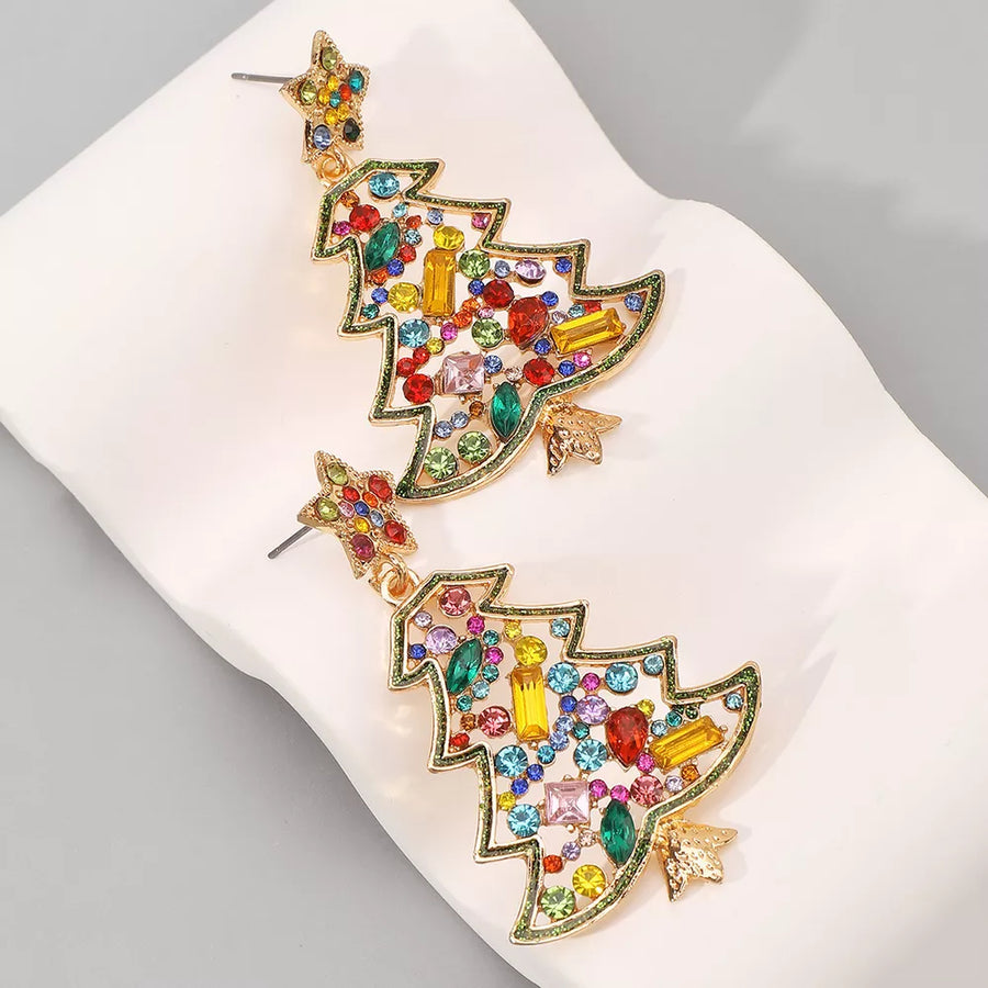 Festive rhinestone tree dangle earrings with colorful gems and a star top.