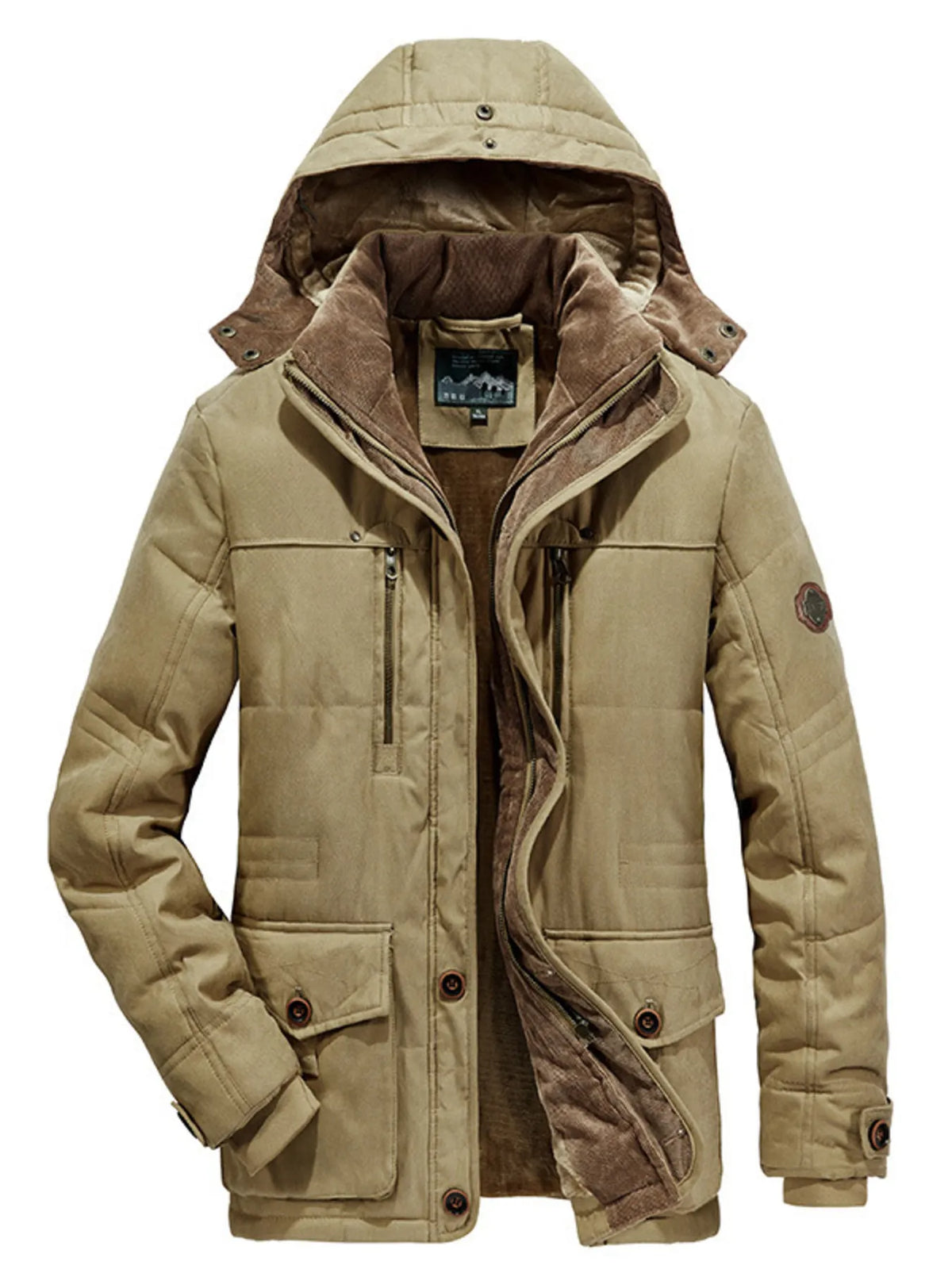 Khaki hooded winter parka with multiple pockets and buttoned closure.