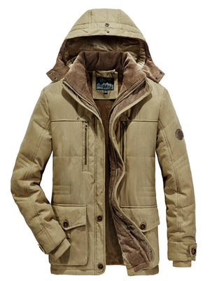 Khaki hooded winter parka with multiple pockets and buttoned closure.