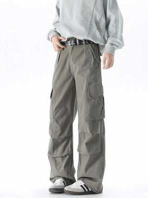 Relaxed fit gray cargo pants with multiple pockets and a comfortable casual style.