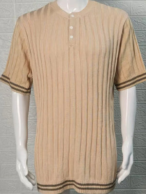 Khaki ribbed knit henley polo shirt with striped cuffs and hem.