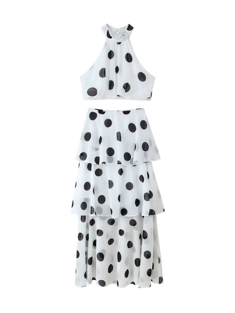 White polka dot halter crop top and tiered midi skirt set
