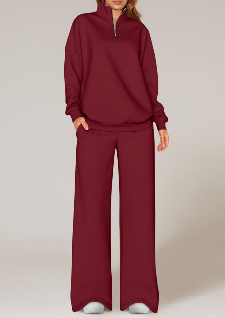 Half-Zip Sweatshirt And Wide-Leg Sweatpants Set in Light Gray