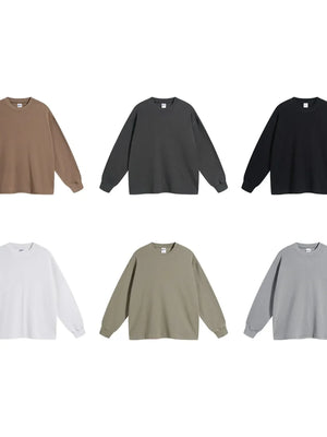 Oversized drop shoulder crewneck sweatshirts in brown, dark gray, black, white, khaki, and gray.