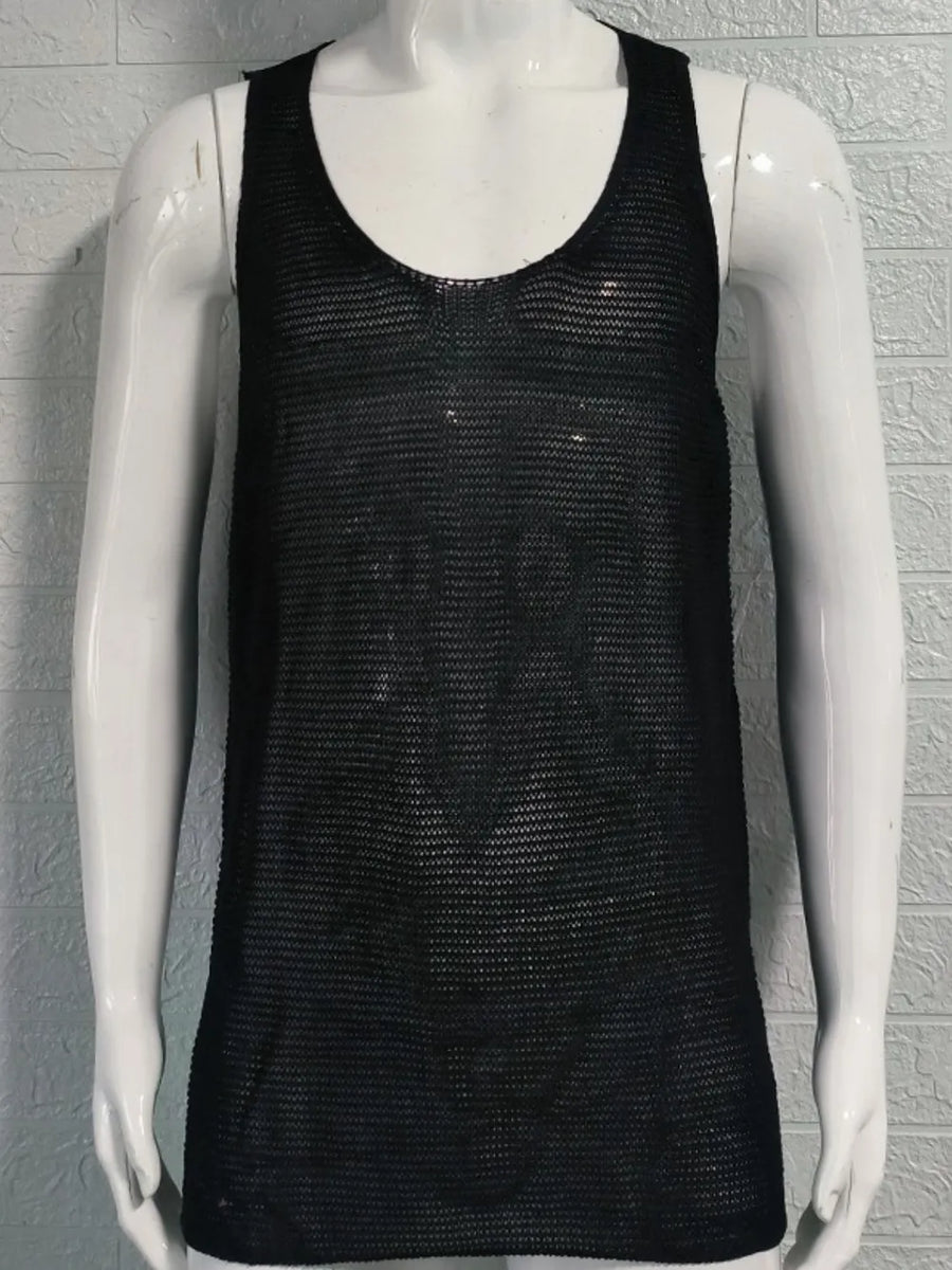 Black open-knit scoop neck tank top with a sheer mesh texture.