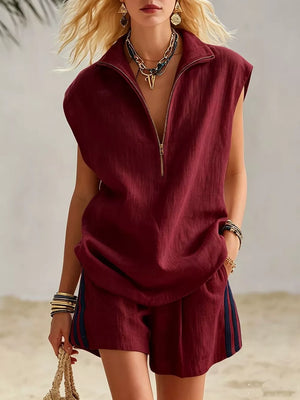 Maroon linen sleeveless zip-neck top and striped shorts set